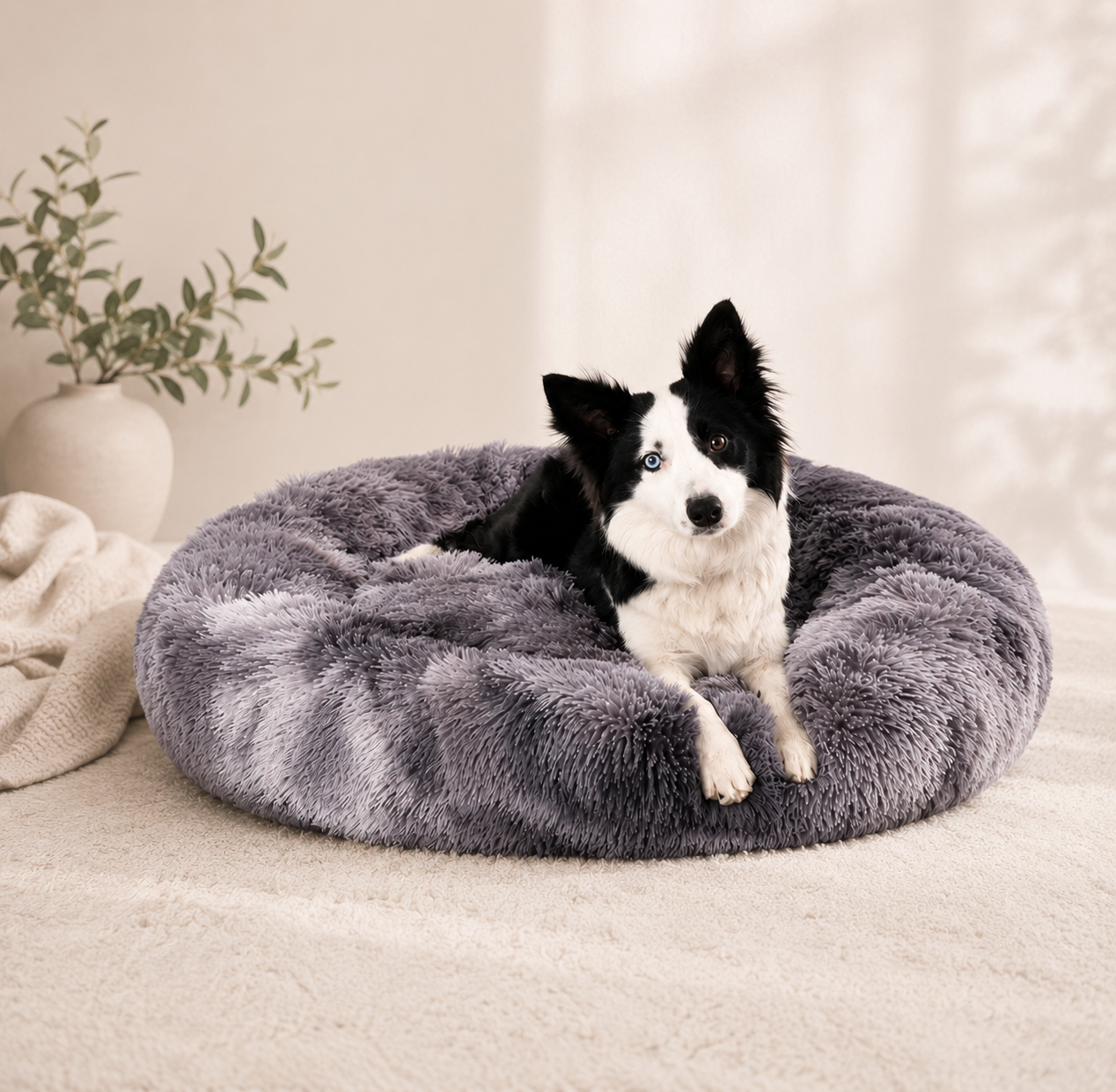 Dog on grey bed