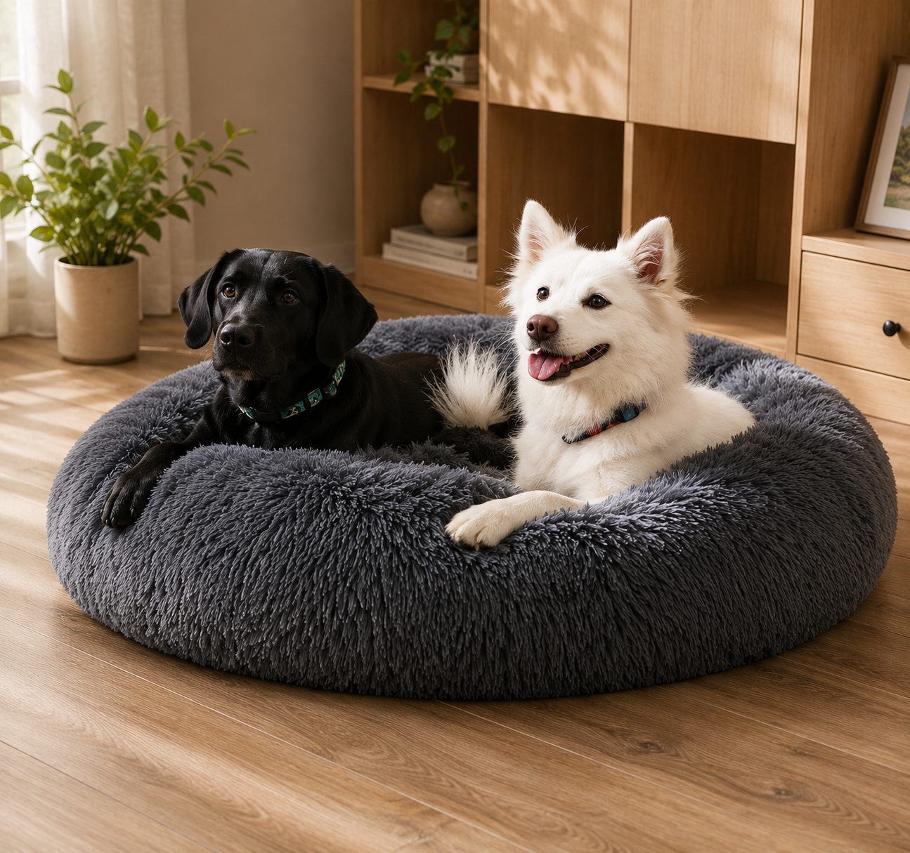Two dogs on large bed