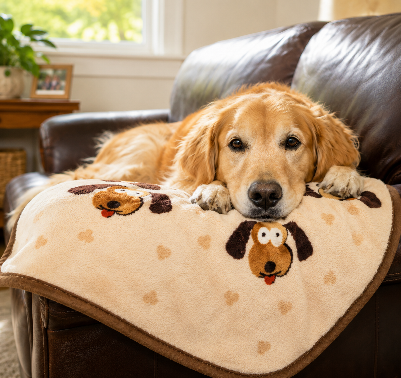Golden retriever on blanket
