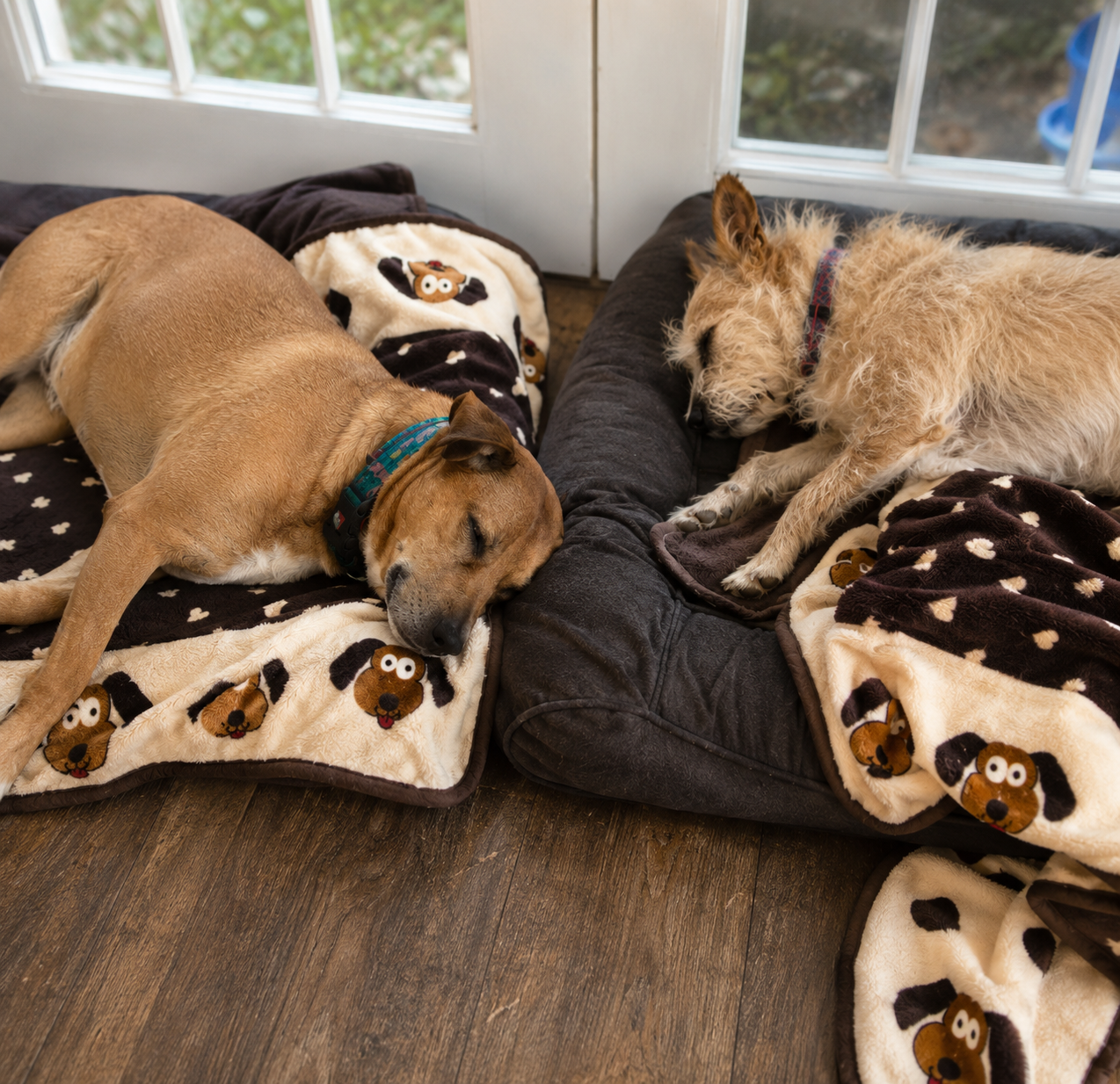 Two dogs with blanket